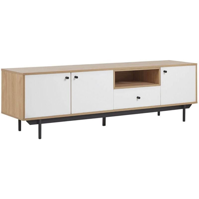 Beliani - Meuble tv Effet Bois Clair avec 3 Compatiments à Portes Blanches et Tiroir Banquette Télé Fonctionnelle pour Salon Moderne et Rétro Scandi