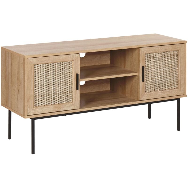 Beliani - Meuble tv Buffet Design Effet Bois Clair avec 2 Portes Cannage en Rotin et Trous Passe Câbles Cabinet Tendance pour Intérieur Rétro et Boho