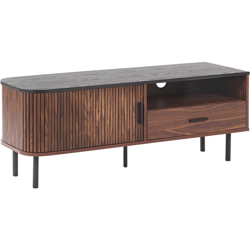 beliani - meuble tv buffet effet bois foncé avec tiroir et rideau coulissant sur le côté style rétro et vintage idéal pour salon contemporain