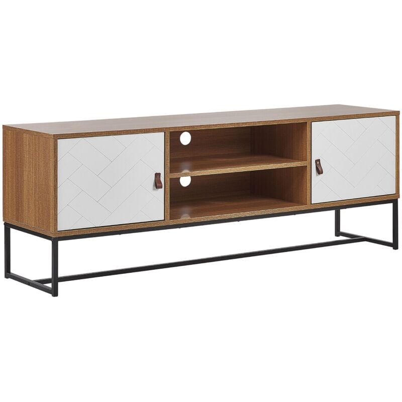 Beliani - Meuble tv Effet Bois Clair avec 2 Compatiments à Portes Blanches et Étagère Banquette Télé Fonctionnelle pour Salon Moderne et Traditionnel