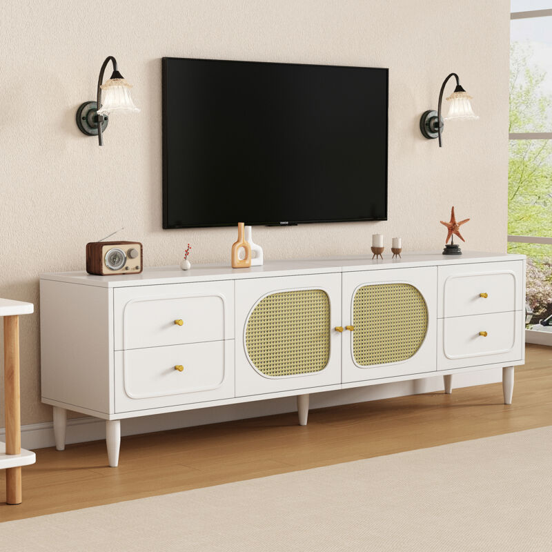 Neche - Meuble tv Élégant 180 x 40 x 56,5cm avec 4 tiroirs,2 portes en rotin,Pieds réglables en hauteur,pour télé jusqu'à 80'-Blanc
