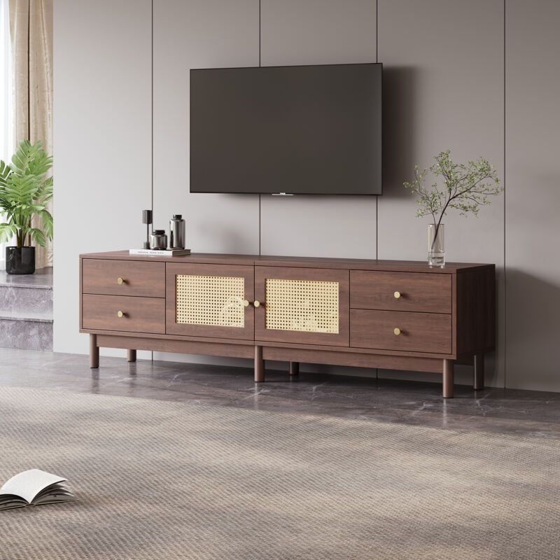 Okwish - Meuble tv, support tv avec 2 portes en rotin, quatre tiroirs, gestion des câbles, buffet bas pour salon ou chambre, 180x35x44 cm Okwish - Meuble tv, support tv avec 2 portes en rotin, quatre tiroirs, gestion des câbles, buffet bas pour salon ou chambre, 180x35x44 cm