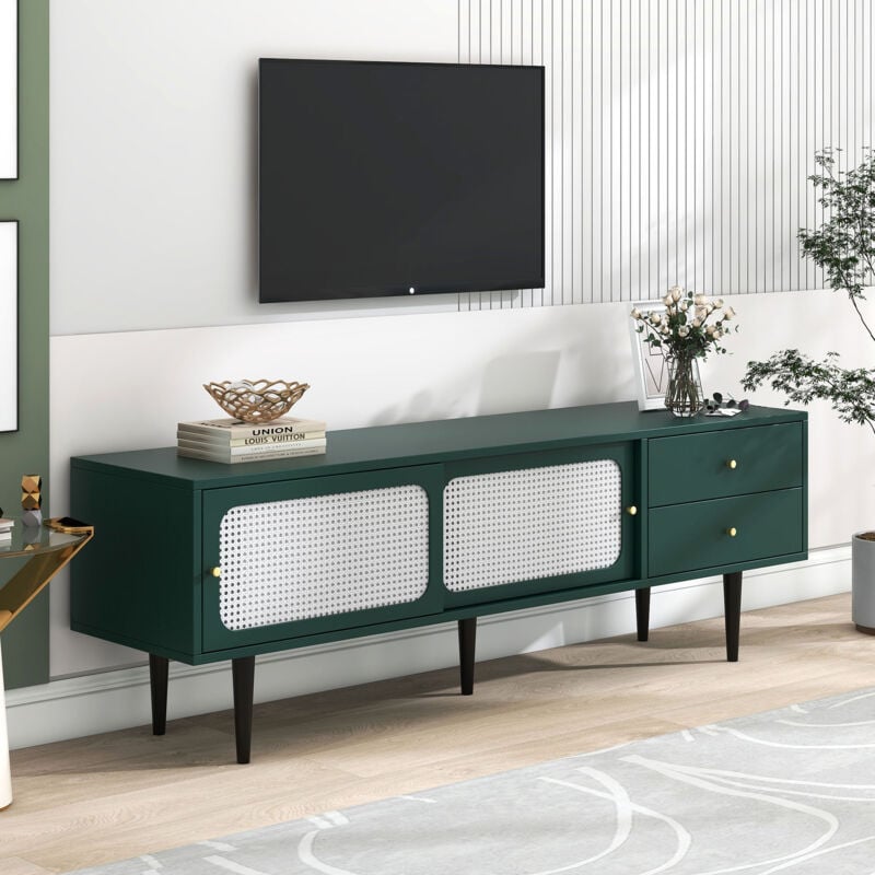 Meuble tv vert avec 2 portes coulissantes en rotin et 2 tiroirs pratiques, en bois, 160x40x60 cm