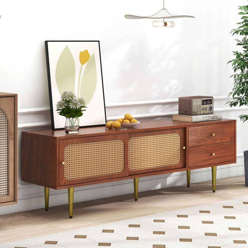 Meuble tv marron avec 2 portes coulissantes en rotin et 2 tiroirs pratiques, en bois, 160x40x60 cm