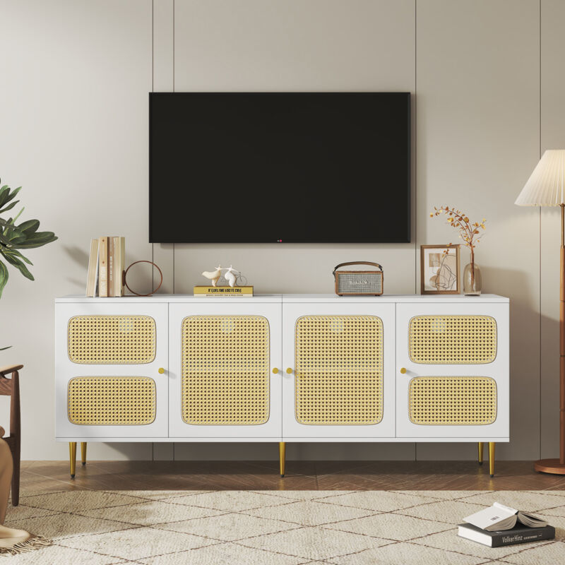 Neche - Meuble tv Élégant blanc 180x40x72cm,4 portes en rotin,Commode pour télé jusqu'à 80'-8 Compartiments de rangement,étagères réglables