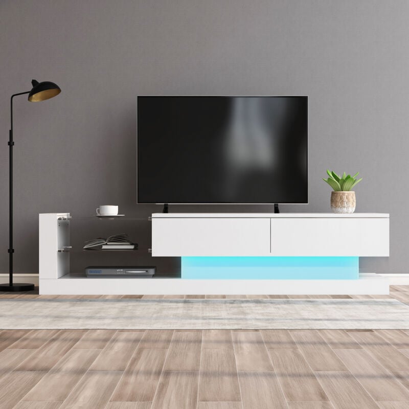 Okwish - Meuble tv élégant blanc brillant - 1,4 mètres de long, éclairage led 16 couleurs, surface tv 60 pouces - un meuble qui allie élégance et