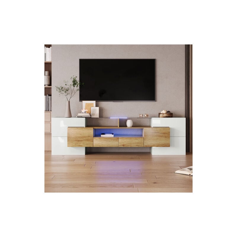 Meuble tv élégant blanc brillant, 200 cm, éclairage led, meuble de salon. Design moderne. surface en verre