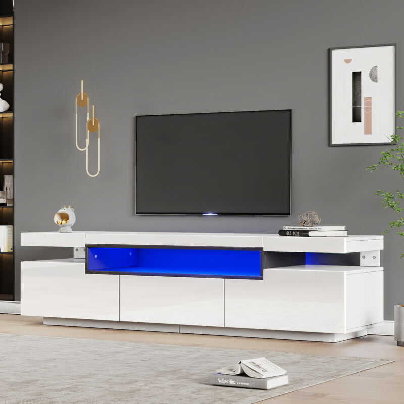 Eleganter Hochglanz-TV-Schrank 160x39x42cm – Weiß mit 16 Farben LED-Beleuchtung – Platz für 70 Zoll Fernseher – Inklusive 3