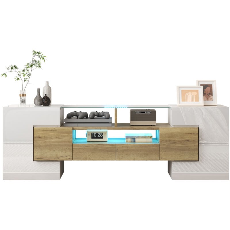 Redom - Meuble tv élégant, lowboard. blanc brillant, 145 cm, éclairage led, mobilier de salon. conception moderne surface en verre élégante.