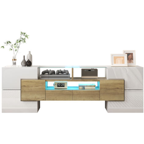 Meuble TV élégant, lowboard. blanc brillant, 145 cm, éclairage LED, mobilier de salon. conception moderne surface en verre élégante.