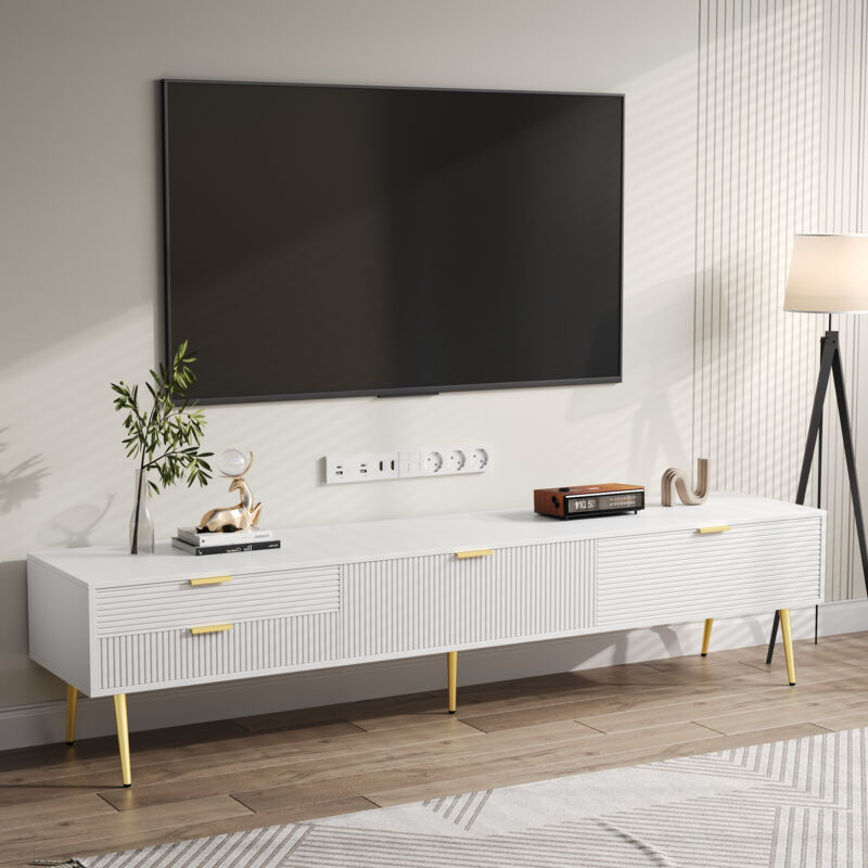 Okwish - Meuble tv élégant, meuble bas. Avec tiroirs et portes, meuble de salon. Conception moderne. poignées et pieds dorés.