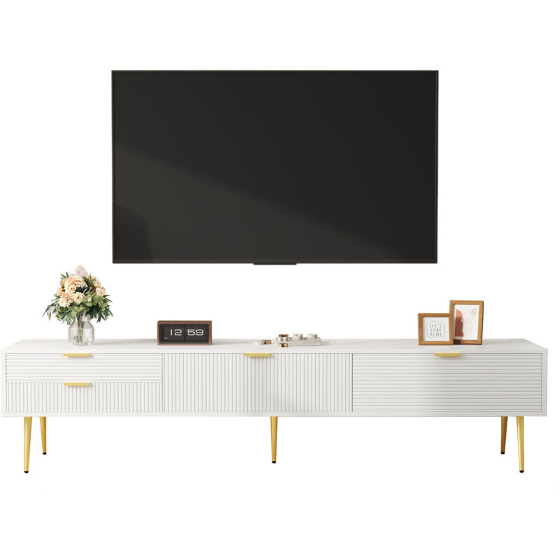 Redom - Meuble tv élégant, meuble bas. Avec tiroirs et portes, meuble de salon. Conception moderne. poignées et pieds dorés.