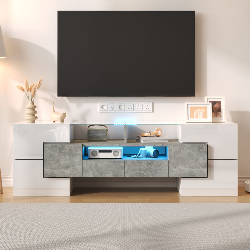 Okwish - Meuble tv élégant, meuble bas. blanc brillant, 145 cm, éclairage led, meuble de salon. conception moderne. surface en verre élégante.
