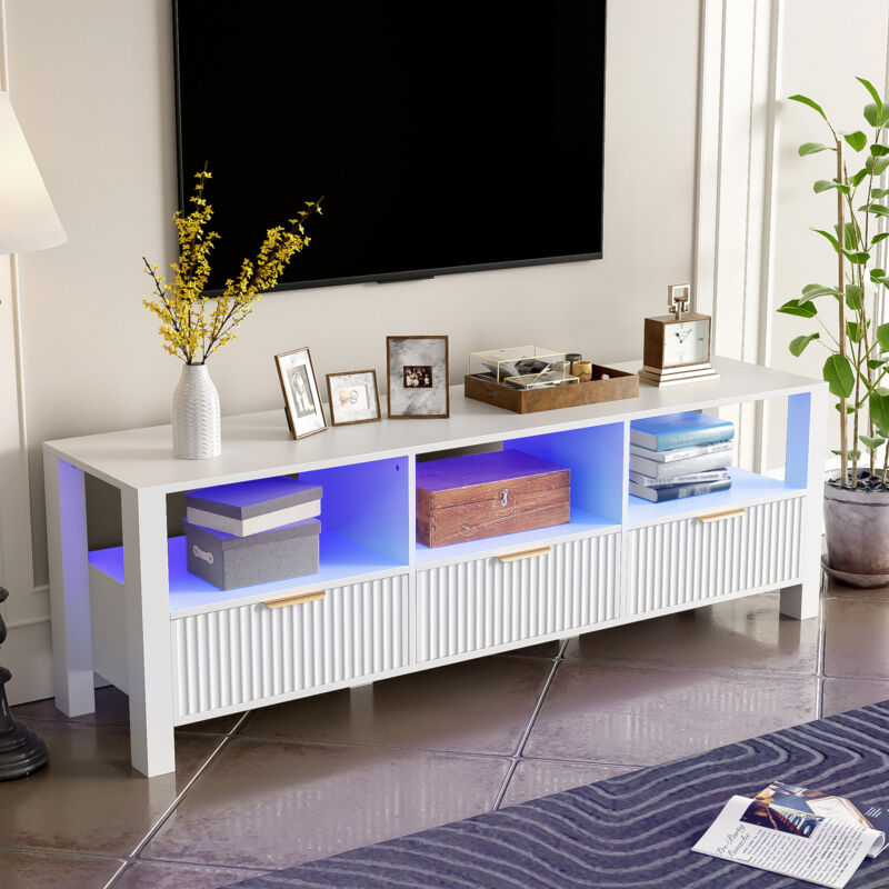 Meuble tv élégant Moderne avec LED,3 Tiroirs + 3 Compartiments de rangement ouverts,Design rayé,152.5 x 39.5 x 50cm,Blanc