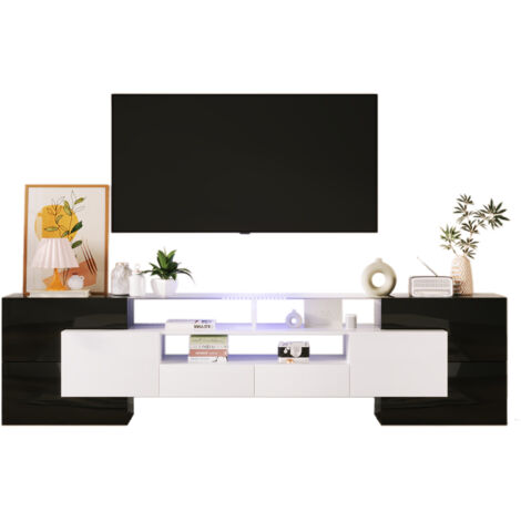 Meuble TV Élégant, Panneau Bas, Blanc Laqué Et Noir,200 Cm,éclairage LED, Surface En Verre Élégante