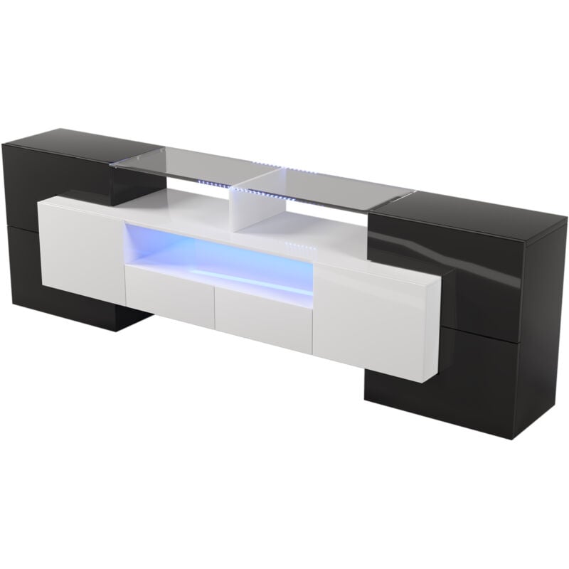 Meuble tv élégant, panneau bas. Meuble de salon à éclairage led blanc et noir brillant de 200 cm. Design moderne. Surface en verre élégante