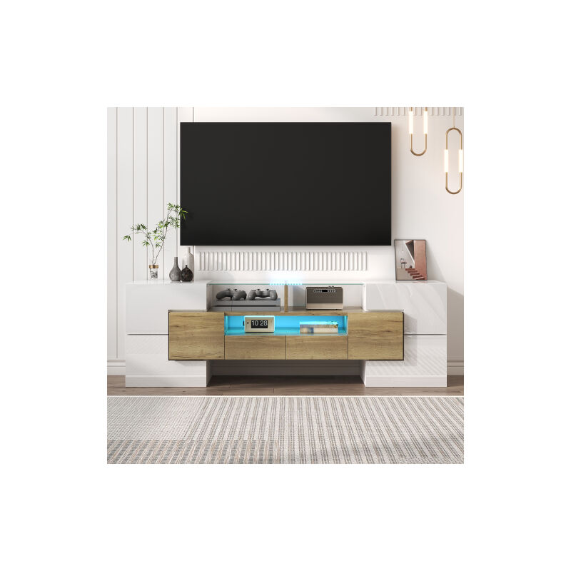 Meuble TV élégant, plateau bas. Blanc brillant, 145 cm, éclairage LED, meubles de salon. Design moderne. Surface de verre élégante.Beige