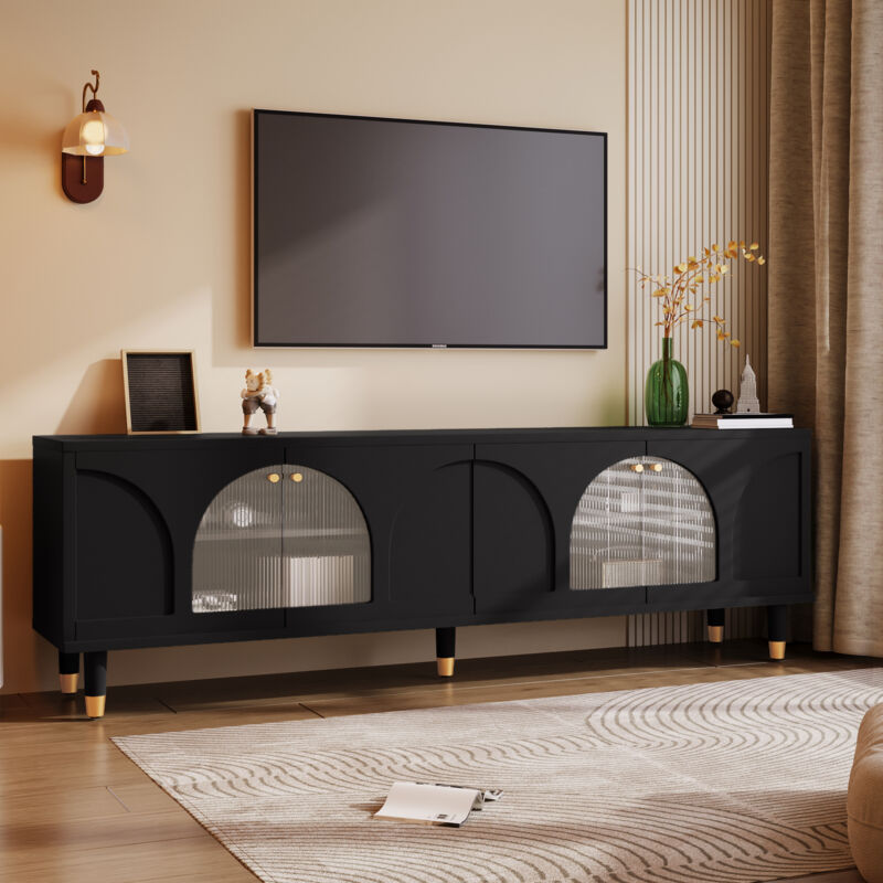 Meuble tv Elégant,Armoire de Télé avec 4 Portes en Verre Bombées et Striées,Design moderne,173 x 38 x 59cm,Noir