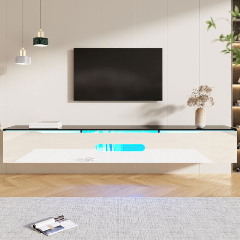 Meuble tv élégante finition brillante avec éclairage led 16 couleurs,Peut fixé au mur,180 x 35 x 30cm,Noir et Blanc