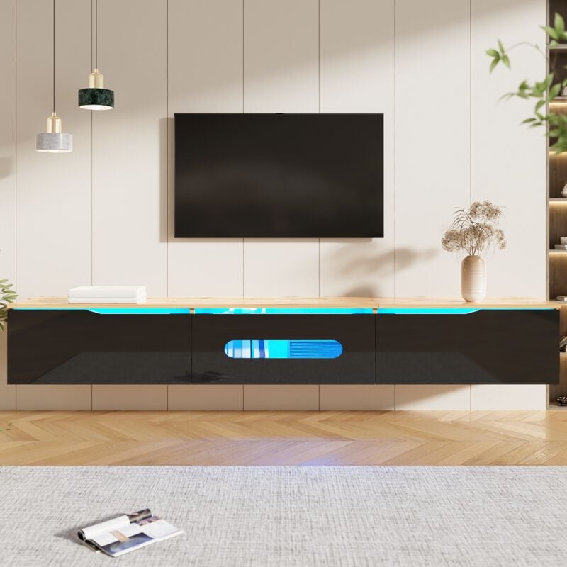 Meuble tv élégante finition brillante avec éclairage led 16 couleurs,Peut fixé au mur,180 x 35 x 30cm,Noir et naturel