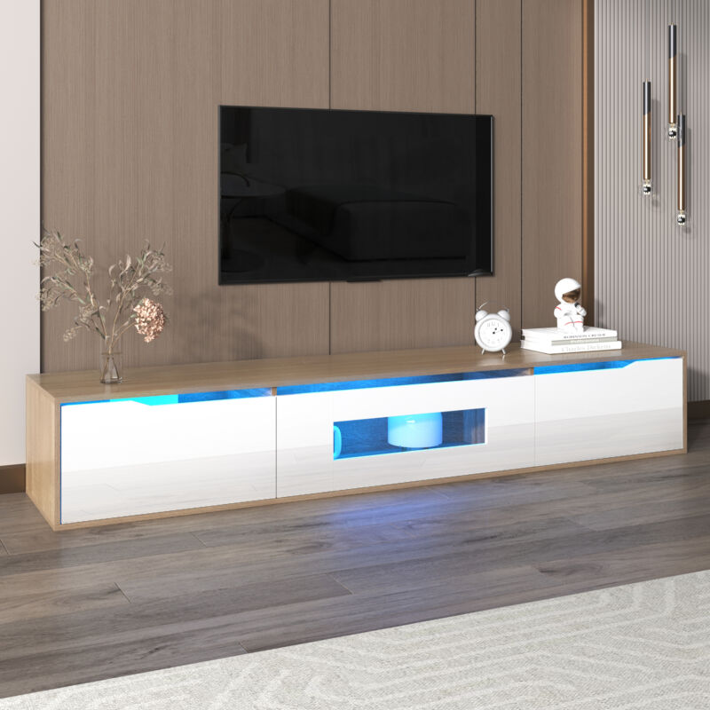 Meuble tv Elégante,Armoire tv Haut Brillant,Support tv Mural 3 Portes Spéciaux,Table Blanc et bois avec Lumière LED,180x35x30cm