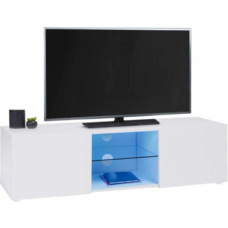 Meuble tv 113 cm eli blanc étagère en verre avec led