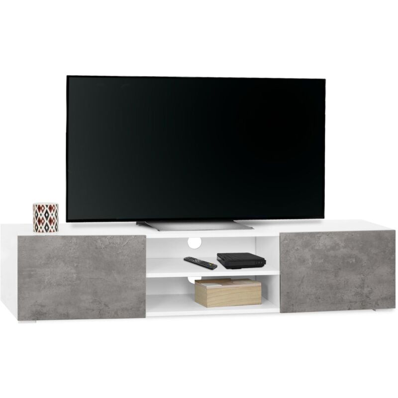 Meuble tv 140 cm eli blanc portes effet béton
