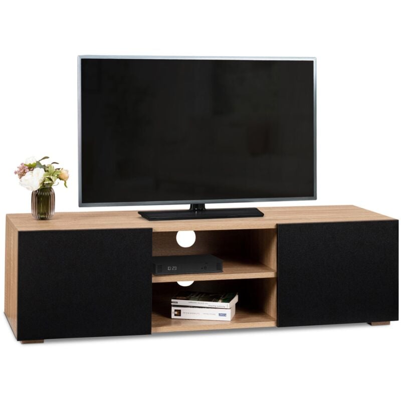 Meuble tv 113 cm eli bois façon hêtre portes noires