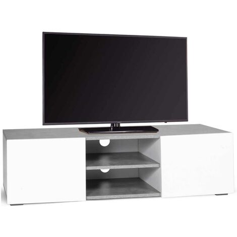 Meuble TV ELI portes blanches plateau effet béton 113 cm - Blanc