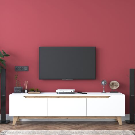 Meuble TV en Blanc et Noyer - 180x48,6 cm, Profondeur 35 cm, Hauteur du Coffre 29,7 cm, Rangements Abondants, Fixation Murale Possible