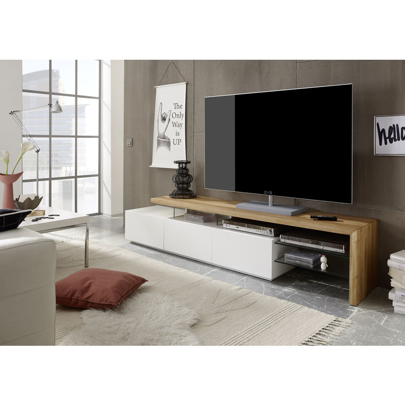 Meuble TV en blanc mat et chêne massif avec 3 tiroirs - L204 x H40 x P40 cm -PEGANE-