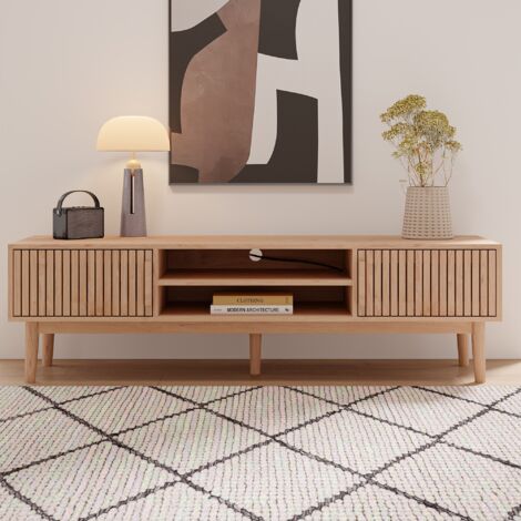 TANANT Meuble TV en bois 150cm avec cloisons ouvertes et 2 portes de rangement, poignées et pieds en bois massif, Meuble TV moderne pour salon et chambre - Naturel