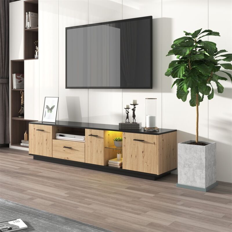 Eifson - Meuble tv en bois 180 cm, avec éclairage led orientable, avec 1 tiroir et 3 portes poignées, verre 2 segments, panneau bas structure fine