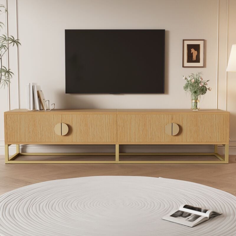 Tanant - Meuble tv en bois 180 cm, meuble tv moderne avec 4 portes de rangement, charnières de sécurité à fermeture amortie, poignées demi-rondes,