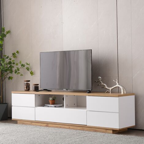 Meuble TV en Bois 180 cm - Blanc et Beige - avec étagères et Placards de Rangement - Support Télévision - 4 Portes -Style Moderne