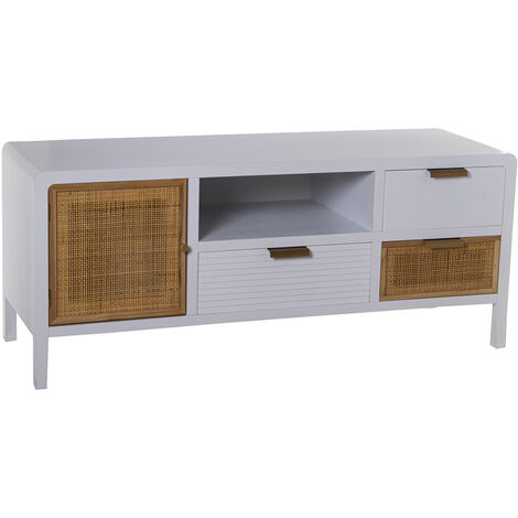 Meuble TV en Bois 2 Tiroirs+Porte Blanc/Rotin 120X40X50 Cm, Sapin+Dm+Rat┴N