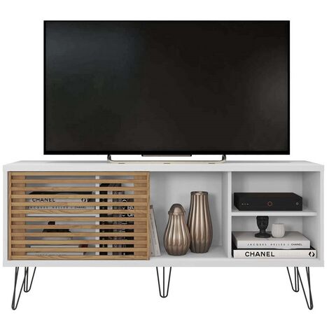 Meuble TV en bois avec 1 porte coloris Blanc, chêne buriti - longueur 136 x profondeur 36 x hauteur 46 cm -PEGANE-
