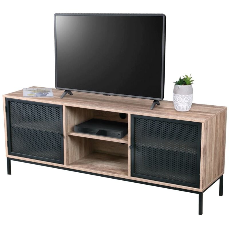 Meuble tv en bois avec grillage en métal noir – 2 niches, dimensions 150x40xH60 cm – Collection metalix