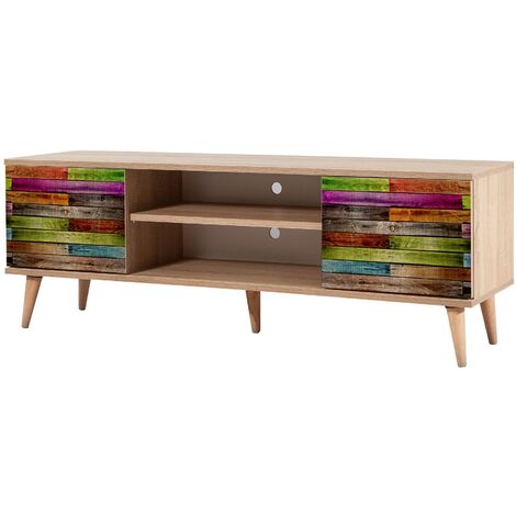 Meuble TV en bois clair à lamelles avec niche Kiza 726