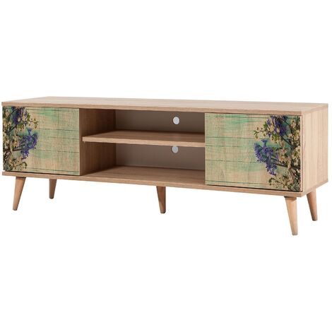 Meuble TV en bois clair à lamelles avec niche Kiza 727