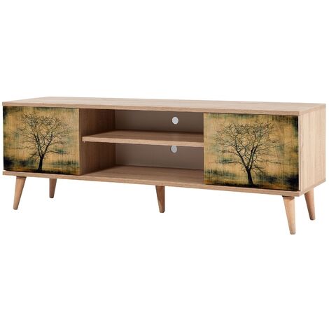 Meuble TV en bois clair à lamelles avec niche Kiza 729