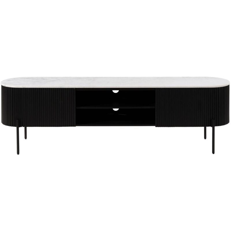 Massivmoebel24.de - Meuble tv en bois de Manguier 180x36x51 noir laqué / marbre blanc barcelona 111