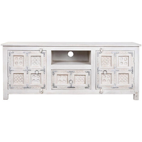 Meuble TV en bois de manguier coloris blanc vieilli - Longueur 151 x Profondeur 40 x hauteur 60 cm -PEGANE-