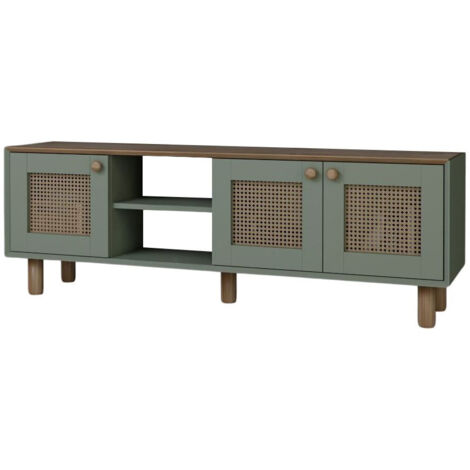Meuble TV en bois et cannage "Bohemian" - 160 x 40 x 56 cm - Vert