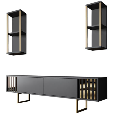 Meuble TV en bois "Gold Line" - 180 x 30 x 48 cm - AnthraciteNoir