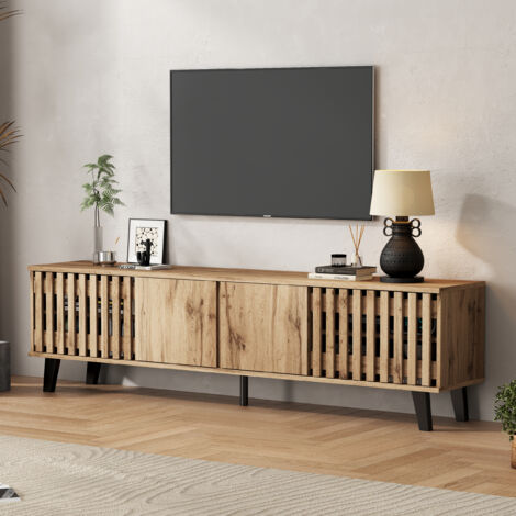 Meuble TV en bois grainé couleur naturelle, convient pour 70 pouces, 4 portes et 8 compartiments de rangement, 180 x 40 x 55 cm