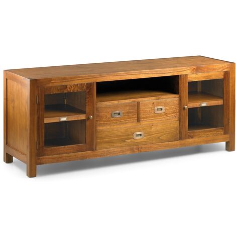 Meuble TV en bois massif de Mindy 3 tiroirs 2 portes vitrées 1 niche Orka 150cm
