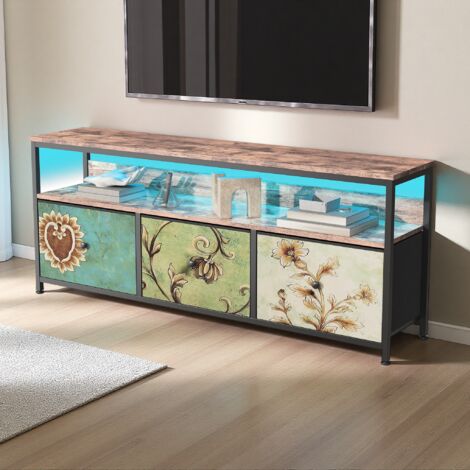 Meuble TV en bois MDF avec éclairage LED –  3 tiroirs et compartiment ouvert – Dimensions 108x29.8x57 cm – Design et élégant pour rangement flexible