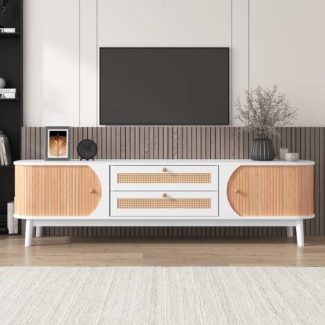 Meuble TV en bois naturel avec portes et tiroirs, style campagne avec côtés en rotin, solution de rangement, couleur blanche