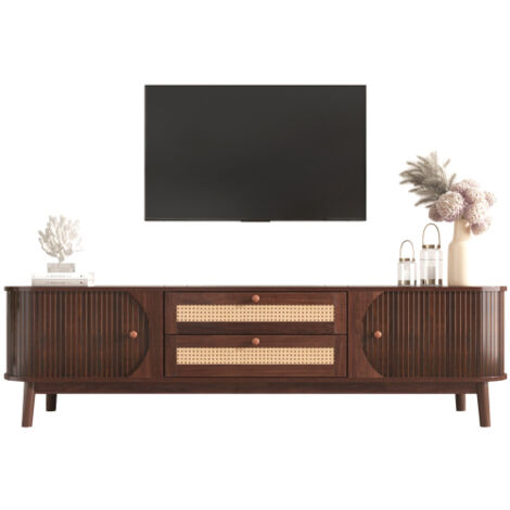 Meuble TV en bois naturel – Banc TV avec portes et tiroirs. Console TV aux côtés en rotin. Solution de rangement de style campagne naturel.